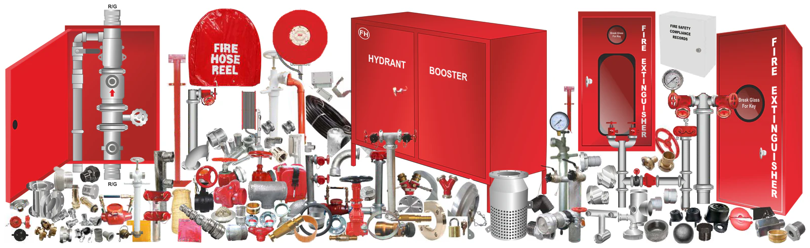 Papillon fire protection range: hydrant and booster cabinets, fire hose reels, extinguisher cabinets, hydrant valves, Storz and couplings, pipe fittings and gauges